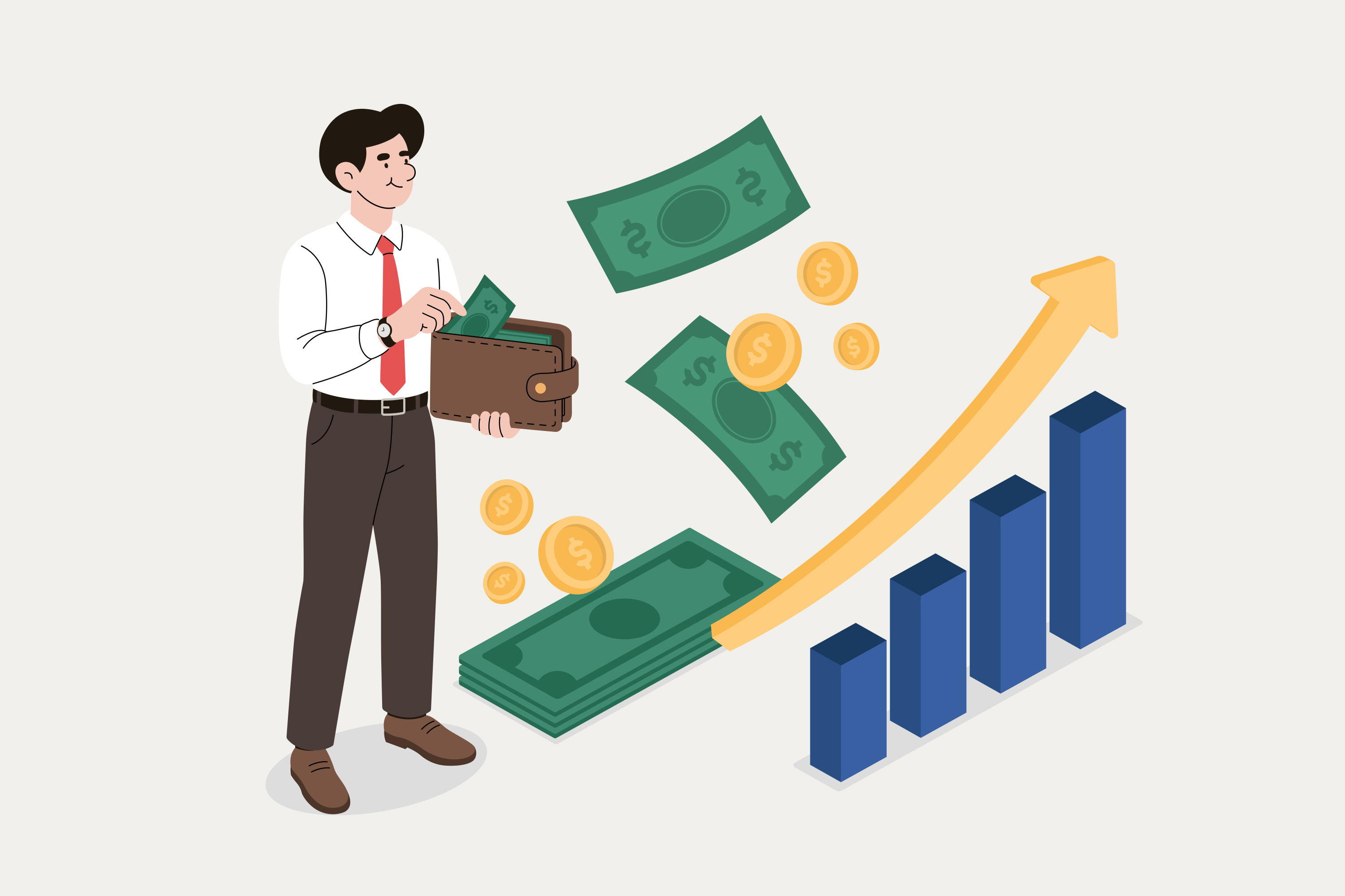 ETF에 투자하며 지갑에서 자산이 나가고 수익이 점점 커지는 모습을 표현한 투자 일러스트