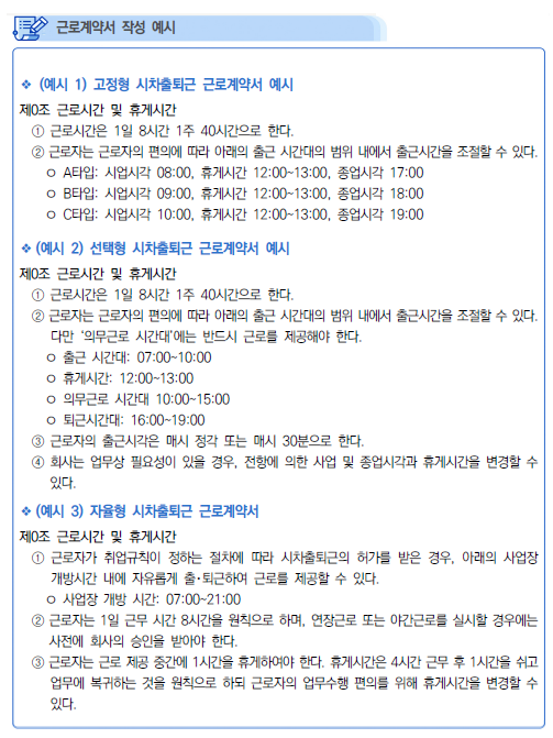 시차출퇴근 제도를 반영한 근로계약서의 작성 예시