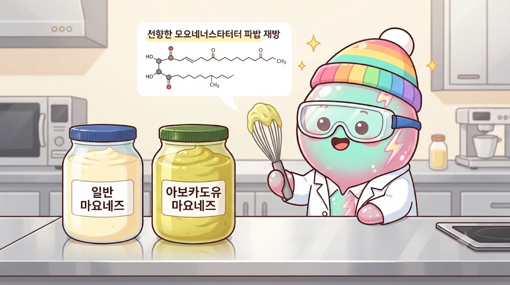 현대적인 주방, 쫀쿠가 실험 가운을 입고 비커에 담긴 노란 마요네즈를 관찰하고 있습니다. 한쪽 비커에는 일반 식용유가, 다른 쪽 비커에는 황금빛 아보카도유가 담겨 있고, 아보카도유 비커에서 나온 마요네즈가 훨씬 더 크리미하고 윤기가 흐릅니다
