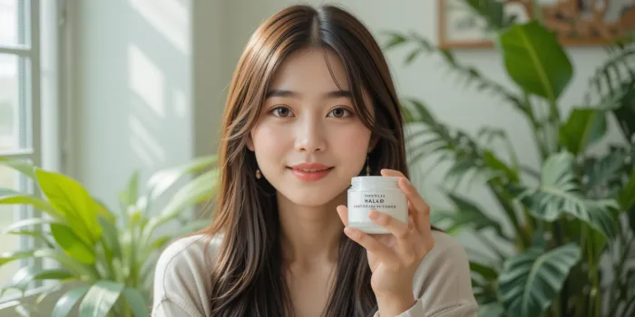 실내 화초 옆에서 크림을 든 장면