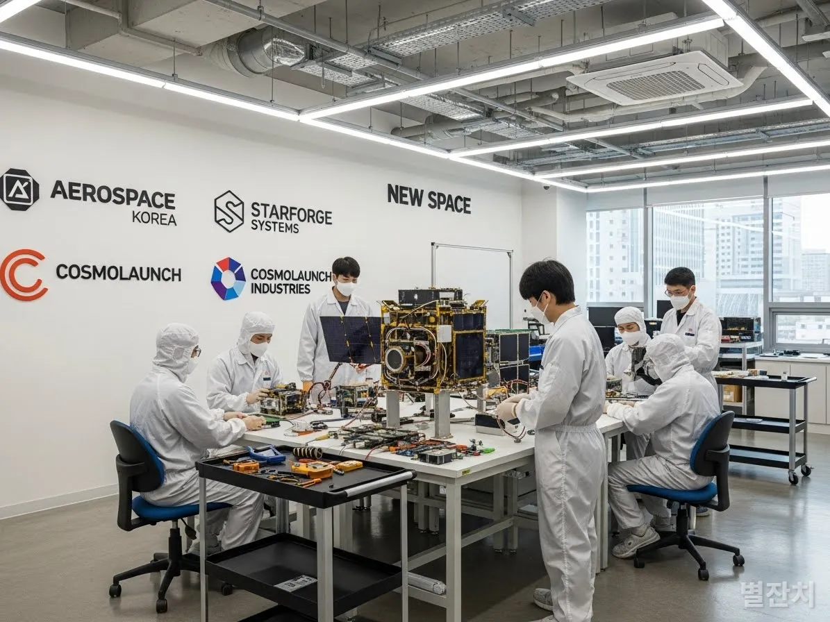 국내 민간 우주 스타트업 엔지니어들이 클린룸에서 소형 위성을 조립하고 있는 뉴 스페이스 현장