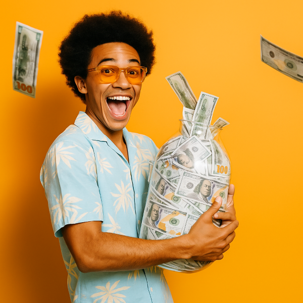 돈 자루를 들고 환하게 웃는 청년, 저축으로 자산을 늘려가는 기쁨