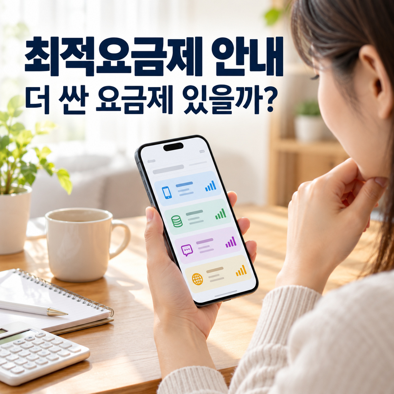 스마트폰에서 요금제 비교 정보를 살펴보는 사람과 최적요금제 안내 문구