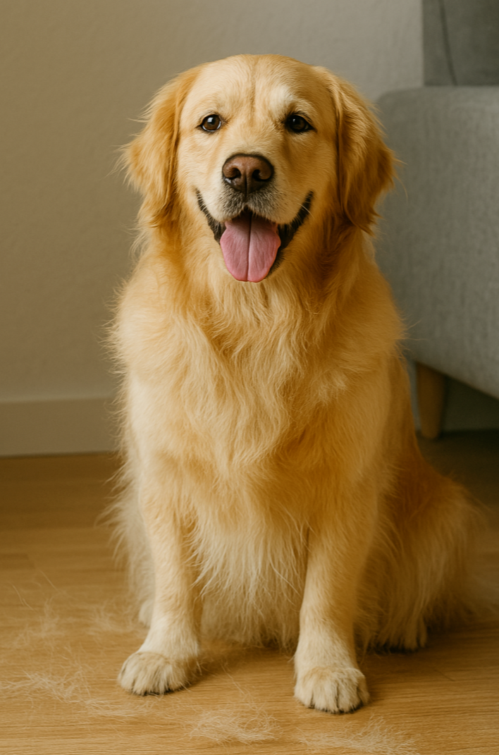 골든 리트리버가 밝은 실내 바닥에 앉아 있으며, 풍성한 털이 주변에 부드럽게 퍼져 있어 부드러운 장모로 인한 털날림과 털 관리의 중요성을 보여주는 장면입니다.