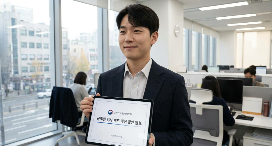 인사혁신처 로고와 밝게 웃으며 서류를 검토하는 젊은 공무원