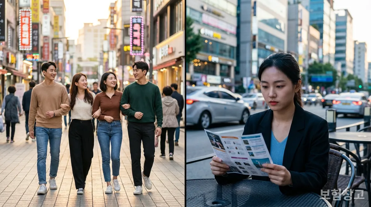 국민건강보험과 민간 건강보험을 상징하는 두 가지 장면이 대비되는 이미지