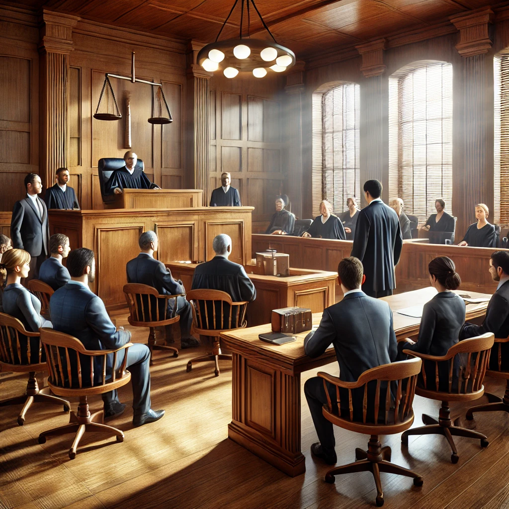 재판이 진행 중인 법정 내부 모습. 판사, 변호사, 당사자가 자리하고 있음.
