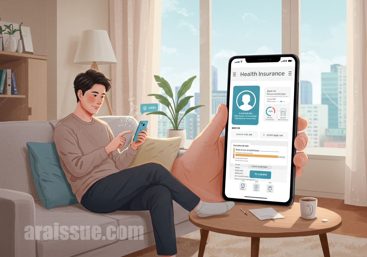 40대 한국 남성이 집에서 스마트폰으로 건강보험 혜택을 확인하고 있는 모습입니다. 실생활에서 필요한 정보에 집중하는 장면을 보여줍니다.