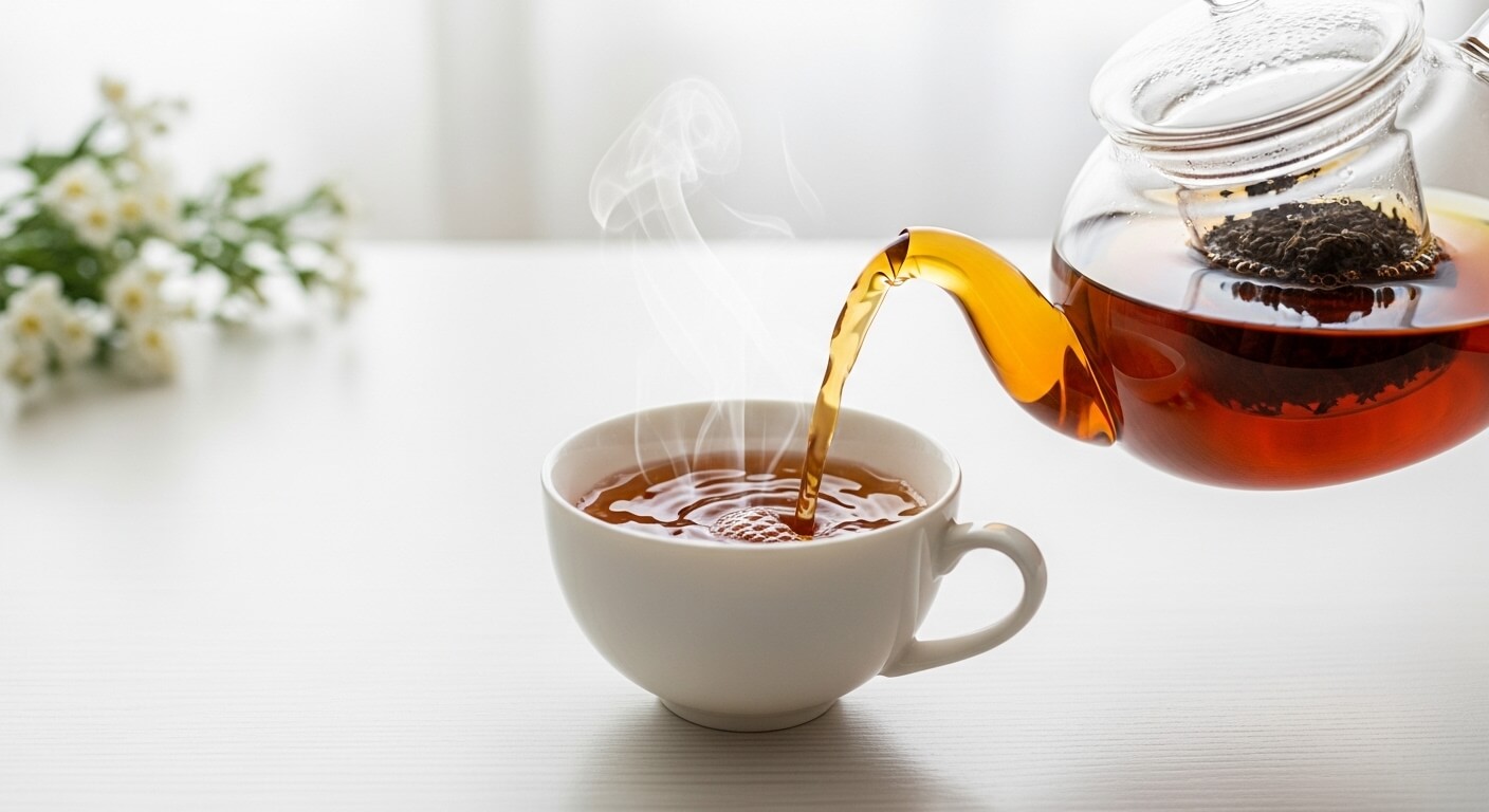 티포트에서 찻잔으로 따르는 보이차와 김이 올라오는 모습