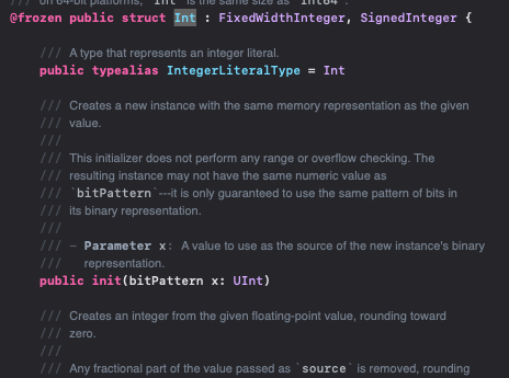 Command 키를 누르고, 해당 Data Type을 클릭하면 definition 내용을 볼 수 있다.