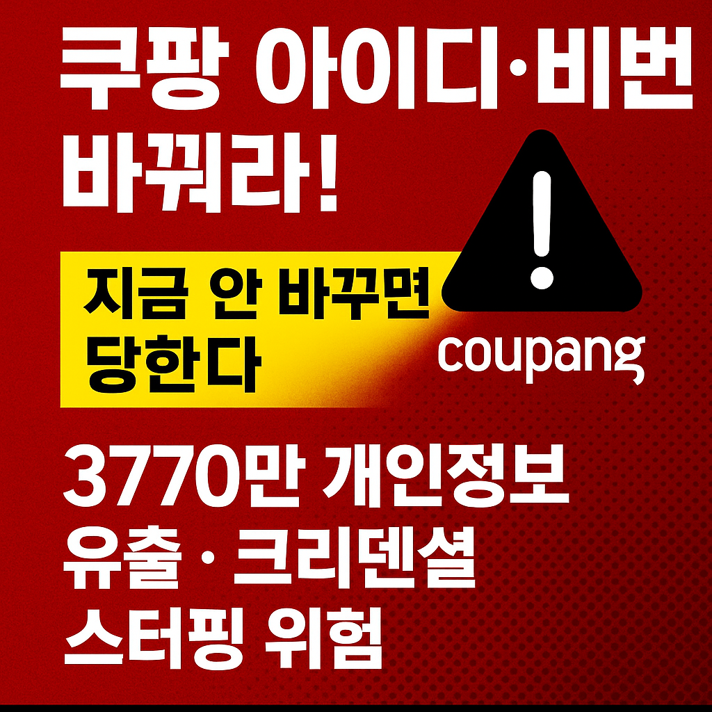 쿠팡 개인정보 유출과 아이디 비밀번호 변경을 강조하는 보안 경고 뉴스형 썸네일 이미지