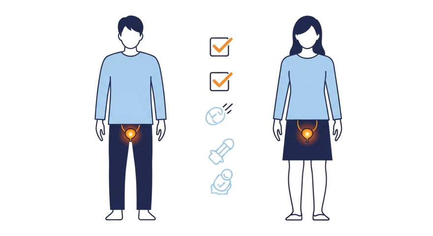 남성과 여성 실루엣에서 방광 위치를 강조한 체크 포인트 이미지