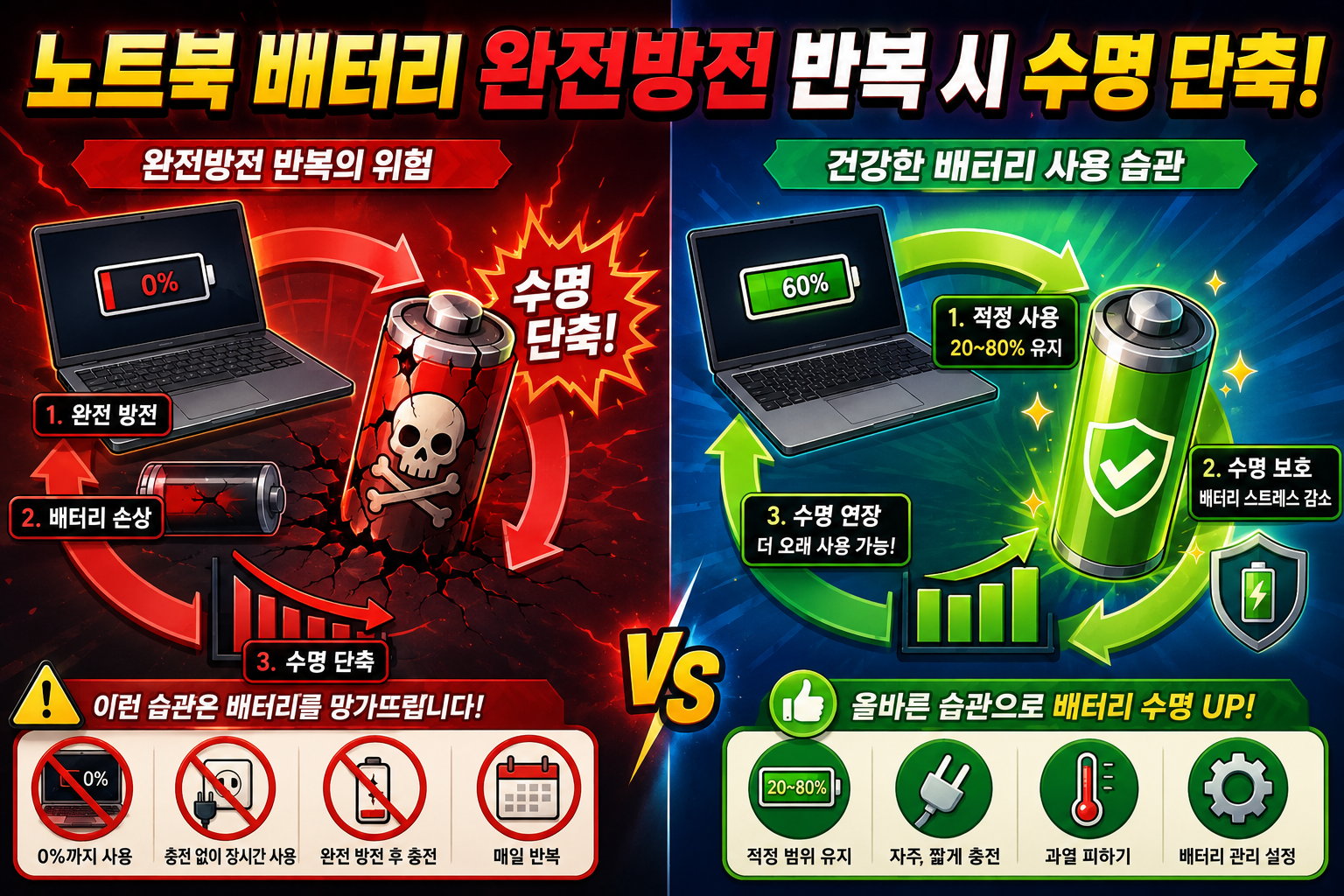 노트북 배터리 완전방전 반복하면 벌어지는 일, 500회와 200회의 차이