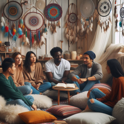 여러 사람이 함께 꿈에 대해 토론하며 서로 소통하는 장면입니다.