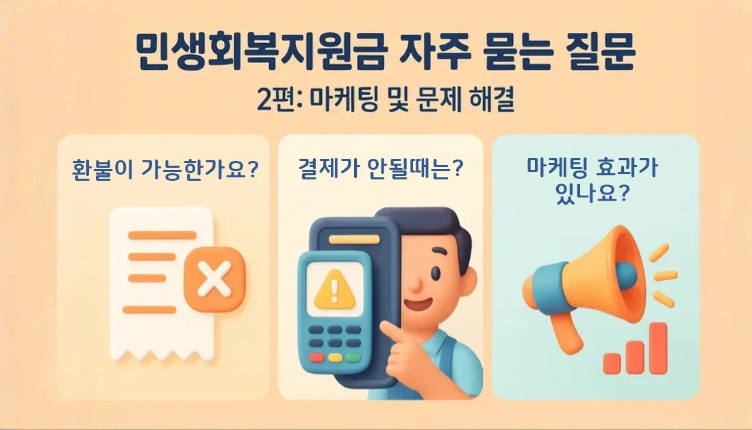 민생회복지원금 2편 관련 자주 묻는 질문들을 아이콘과 함께 요약한 인포그래픽