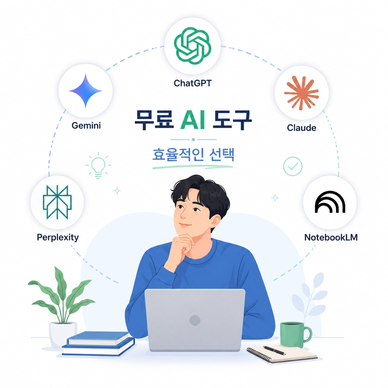 노트북 앞에 앉은 사람이 Gemini, ChatGPT, Claude, Perplexity, NotebookLM 로고를 보며 생각하고 있는 일러스트레이션