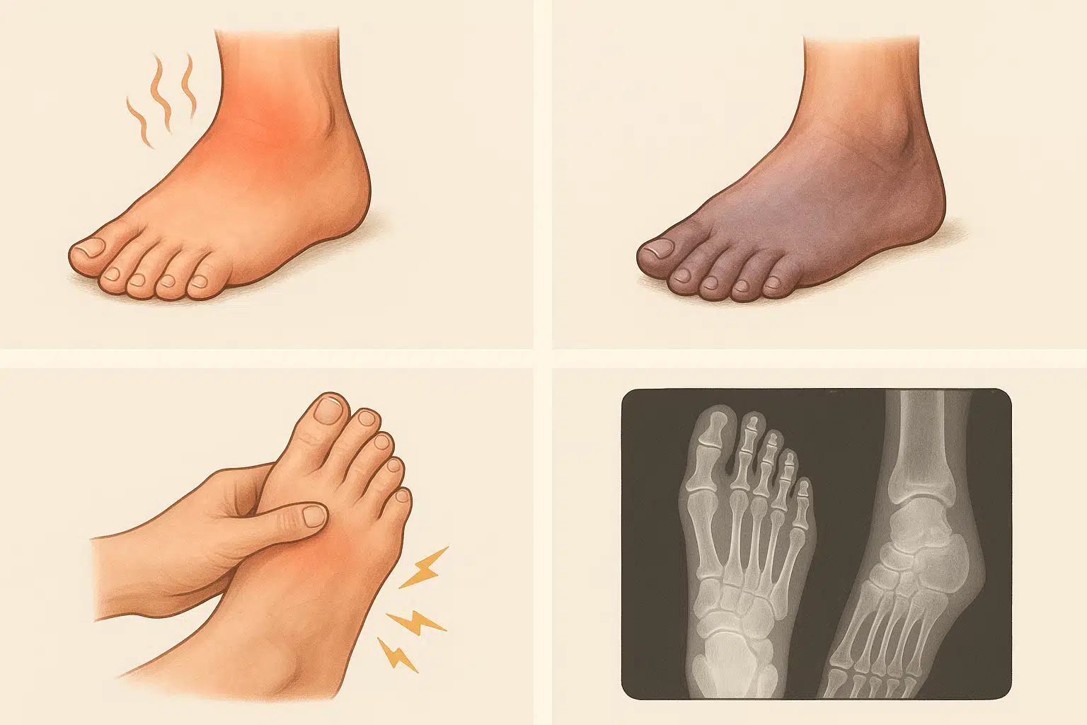 발이 붓고 열감이 있는 모습, 피부색이 변한 발, 신경 손상으로 저림을 느끼는 장면, X-ray 검사 이미지
