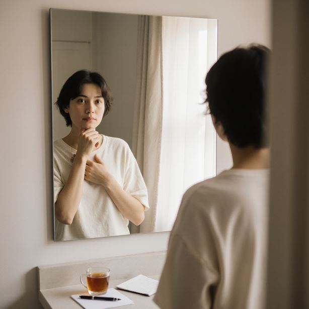 거울 앞에 서서 자신의 모습을 차분히 바라보는 사람