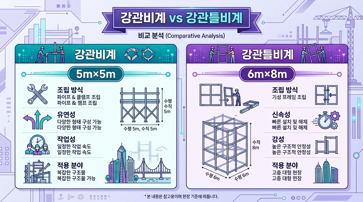 강관비계와 강관틀비계 조립간격 차이를 비교한 인포그래픽