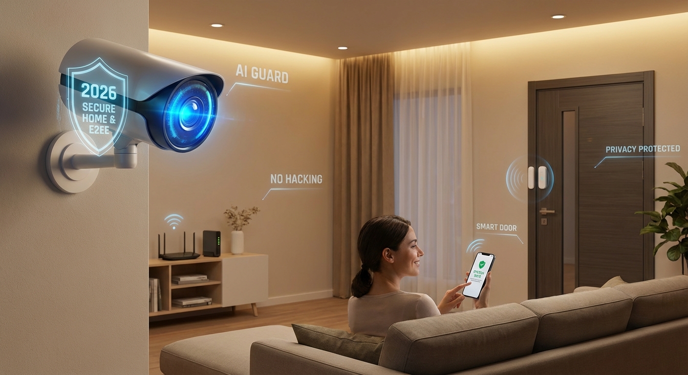 2026년형 스마트홈 거실에서 AI CCTV, 도어센서 등 다양한 보안 기기가 작동하며 해킹 방지 및 프라이버시 보호 상태를 홀로그램으로 보여주고, 사용자가 스마트폰으로 안전을 확인하며 안심하는 모습