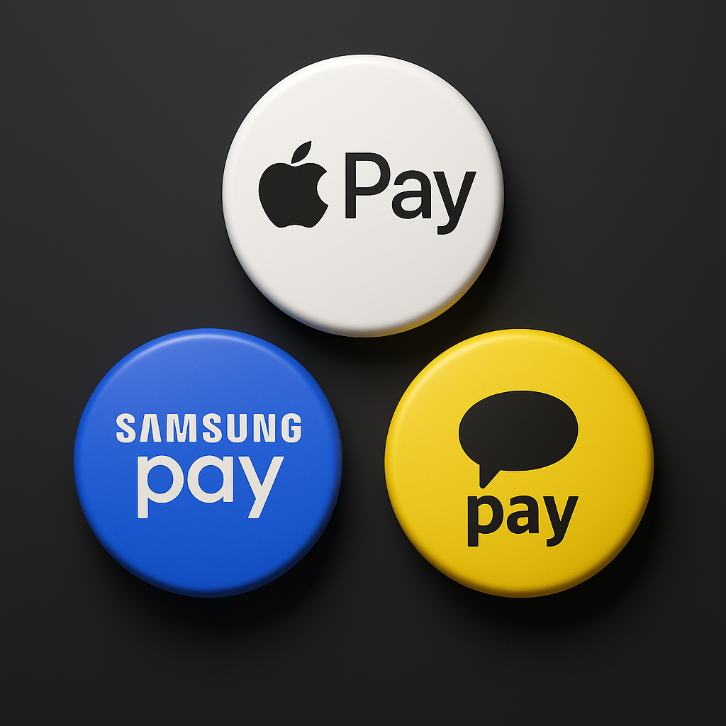 애플페이, 삼성페이, 카카오페이의 각 로고들이 그려져 있음.