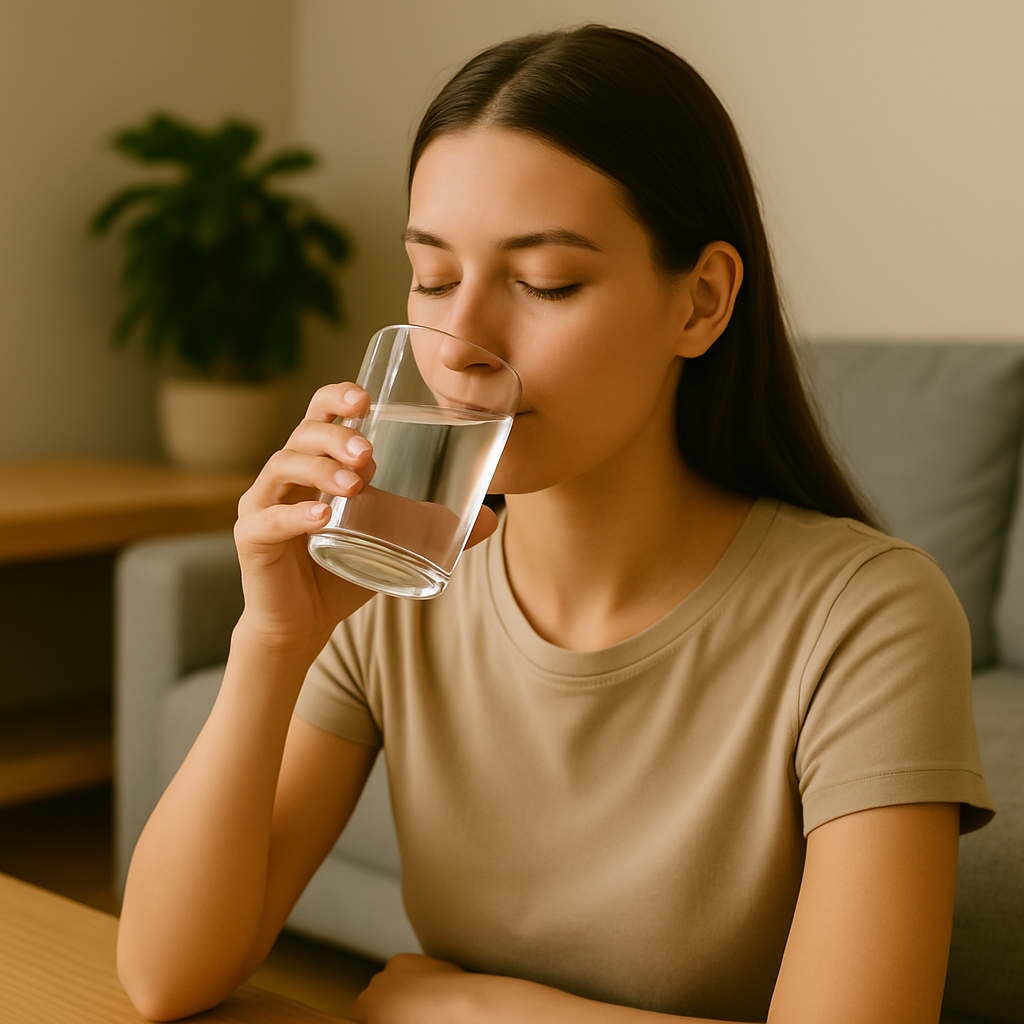 베이지 톤의 실내에서 소파 옆 책상에 앉은 여성이 눈을 감고 미지근한 물을 천천히 마시는 모습. 배경에는 화분과 소파가 놓여 있음