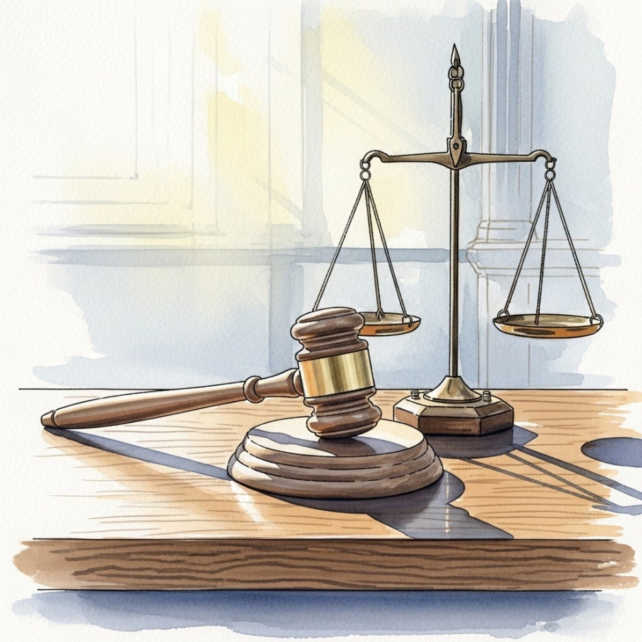 정의를 상징하는 법정 가구와 따뜻한 빛의 조화