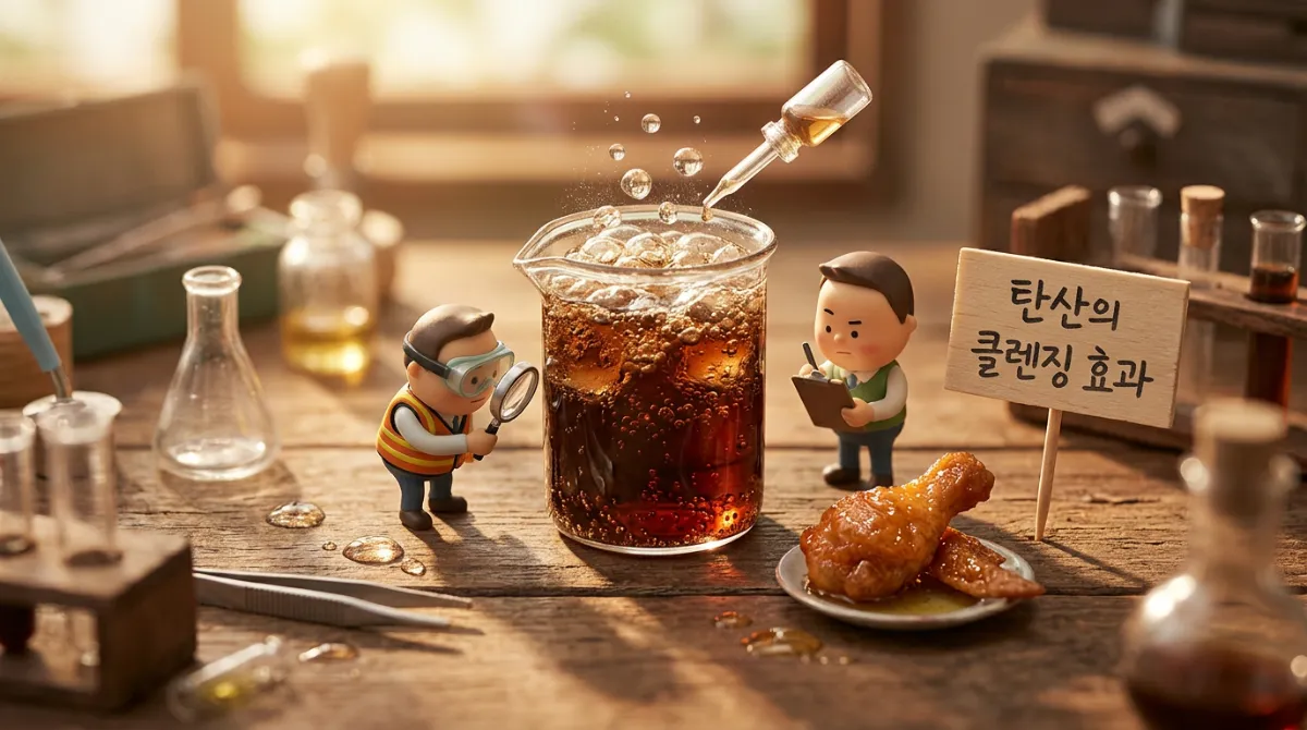 콜라의 탄산 기포를 관찰하는 미니어처 캐릭터들과 치킨 디오라마