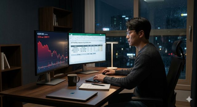 코스피 하락장에서 ETF로 분산 투자 전략을 세우는 투자자 모습