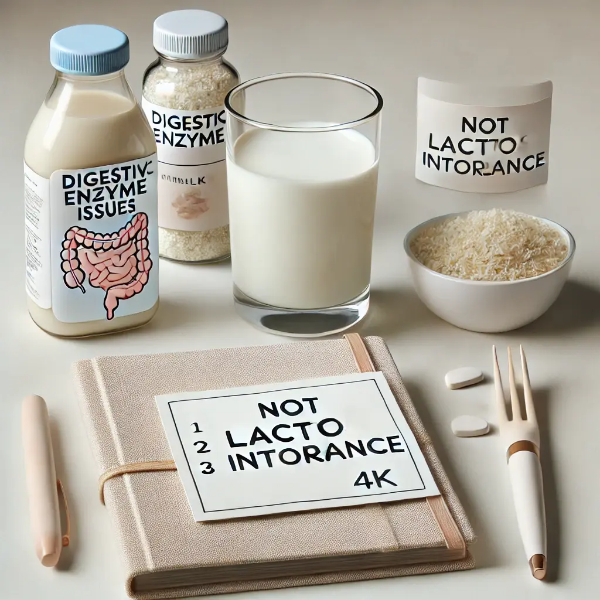 우유, 소화효소, 장 건강 책자, 'not lactose intolerance' 메모가 정돈된 흰색 배경의 구성
