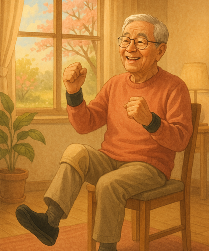 의자에 앉아 웃으며 운동하는 모습