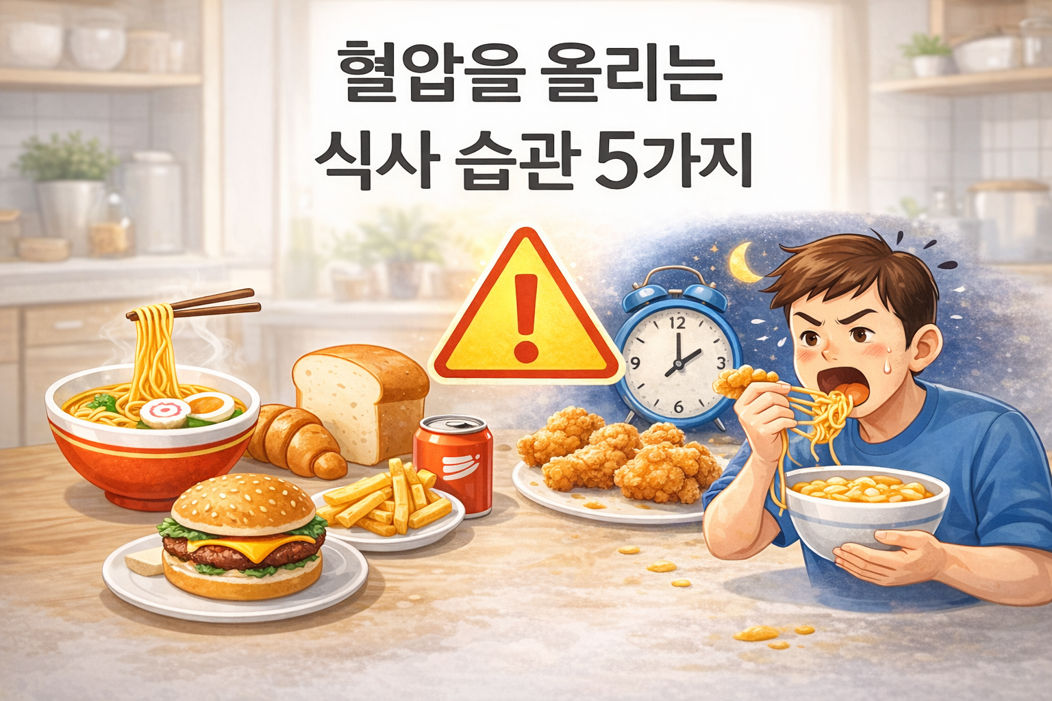 혈압을 올리는 식사 습관 5가지를 설명하는 일러스트, 라면·빵·패스트푸드와 야식 치킨을 먹는 모습이 포함된 건강 인포그래픽