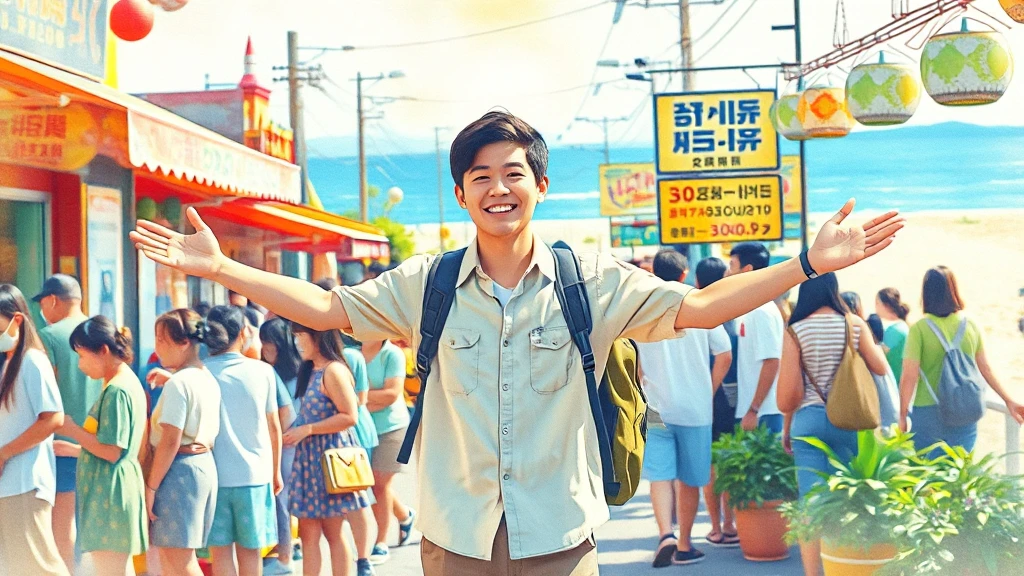 한 남자가 여행지에서 두팔을 벌리고 웃고 있다