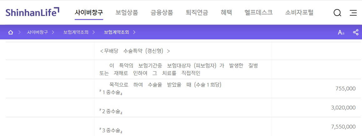 수술특약 1~3종별 보상금액