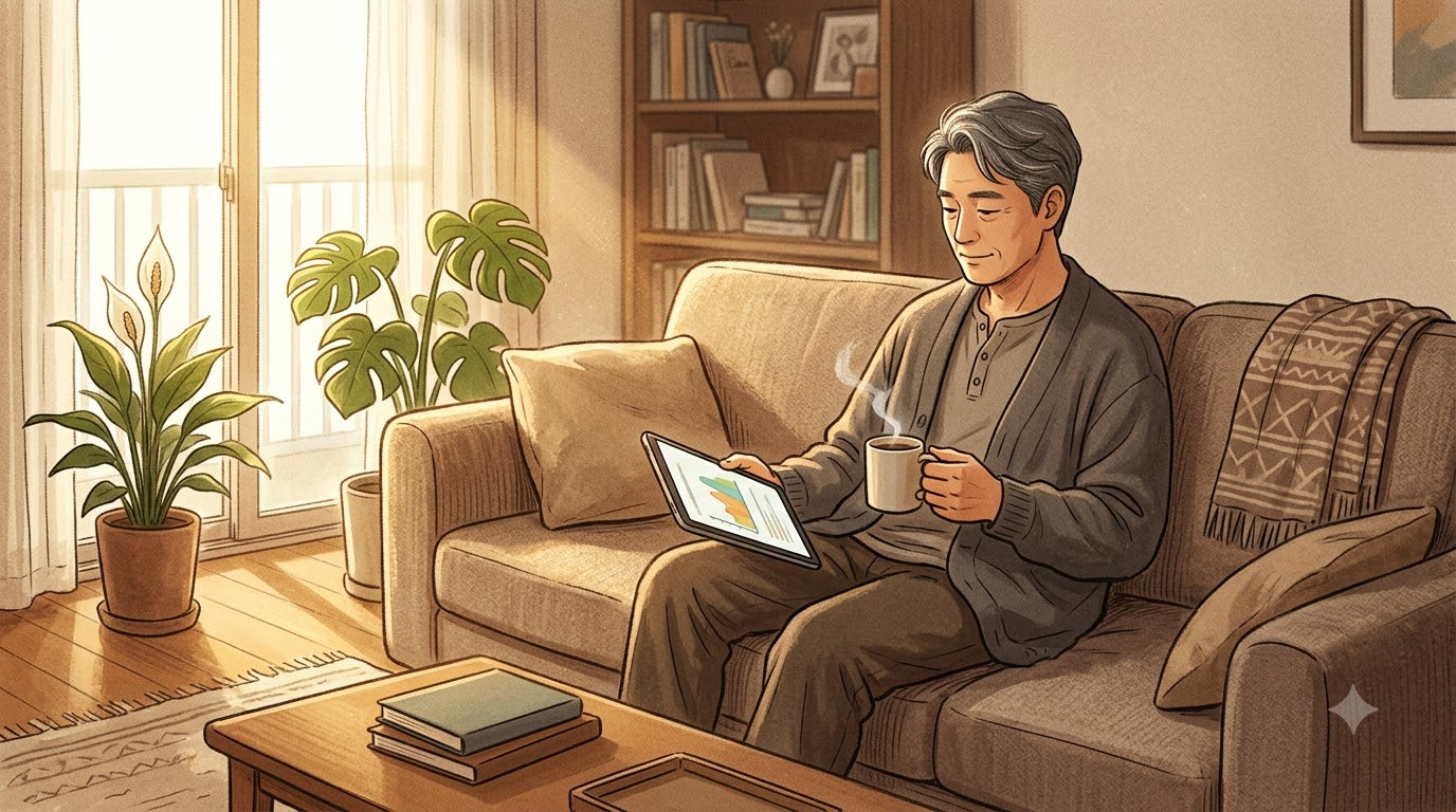 아침 햇살 속 거실 소파에서 커피를 마시며 관심 목록을 느긋하게 살피는 50대 아빠