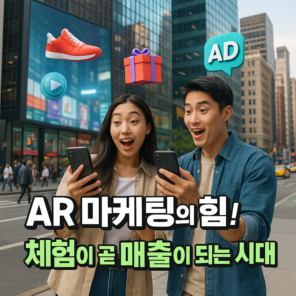 도심 대형 스크린 앞에서 AR 광고를 체험하며 놀라는 남녀