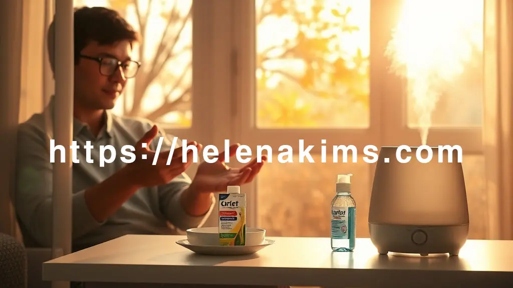 가을 햇살이 스며드는 창가에서, 남성이 편안하게 안경을 착용하거나 손을 비누로 꼼꼼히 씻는 모습. 창밖은 건조하고 쌀쌀한 가을 분위기를 연출하며, 실내 테이블 위에는 인공눈물과 촉촉한 수증기를 뿜는 가습기가 은은하게 놓여있습니다