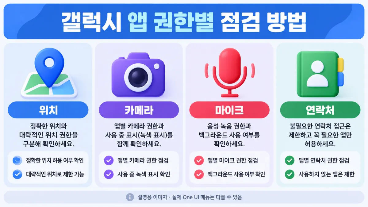 갤럭시 위치 카메라 마이크 연락처 앱 권한별 확인 및 허용 범위 설정방법