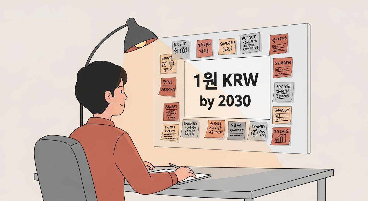 젊은 직장인이 구체적인 재정 목표와 예산 계획이 적힌 보드를 보며 1억 원을 모으기 위한 목표를 설정하는 모습