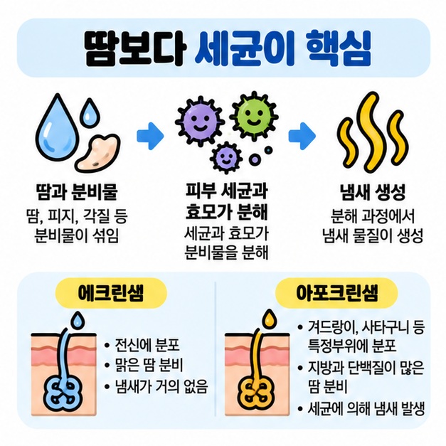 땀과 피부 분비물이 세균과 효모에 의해 분해되면서 체취가 생기는 과정을 보여주는 카드