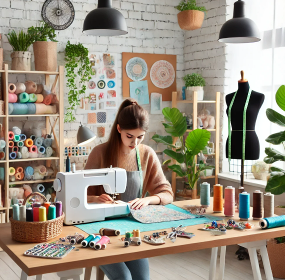 밝은 공간에서 재봉하는 여성 사진