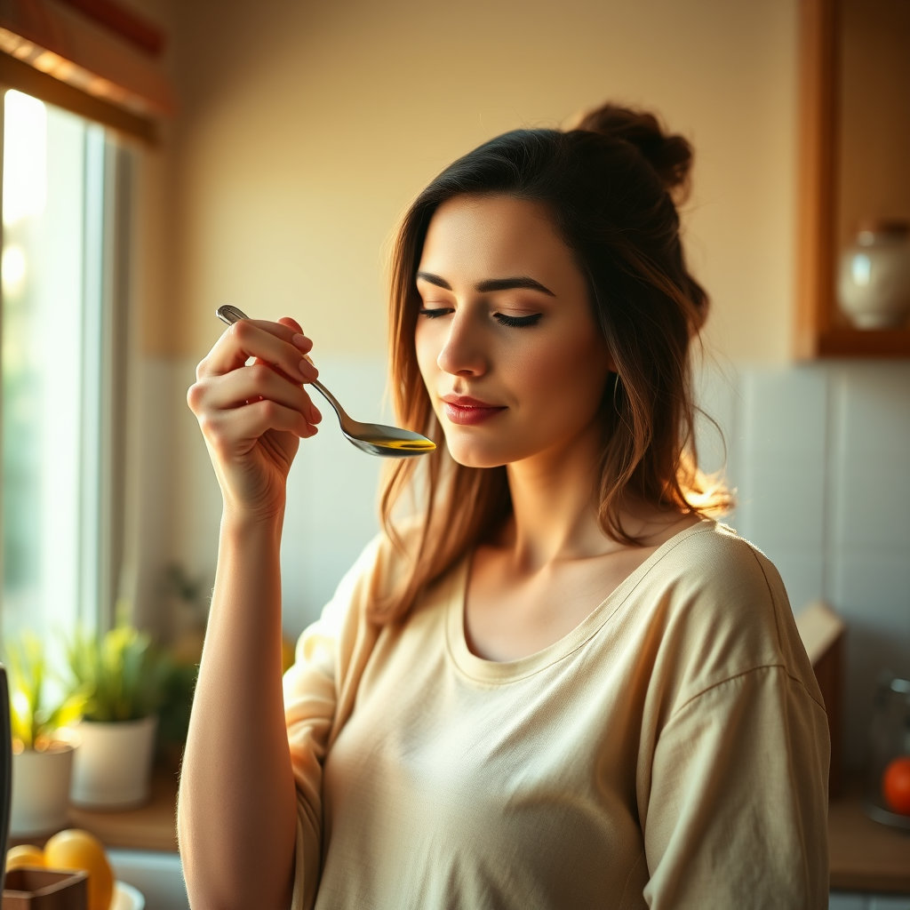 아침 햇살이 부드럽게 스며드는 주방 창가에 한 여성이 편안한 표정으로 깨끗한 스푼에 담긴 올리브 오일을 섭취하려는 순간을 담습니다. 따뜻하고 평온한 분위기 속에서 건강함이 느껴지도록 연출합니다.