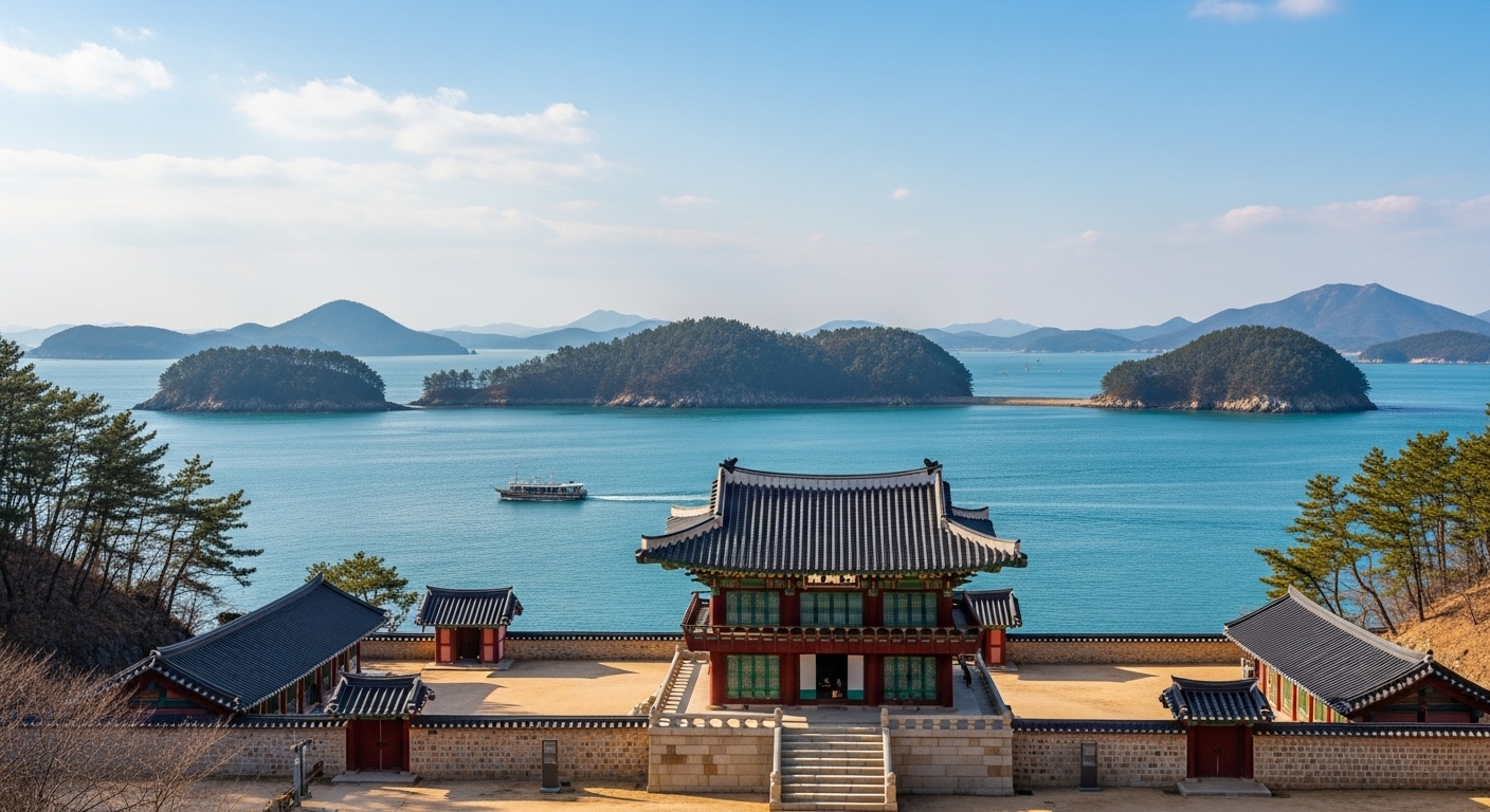 통영 삼도수군통제영의 고풍스러운 한옥과 푸른 바다가 어우러진 전경 이미지. 역사와 자연의 조화가 돋보입니다.