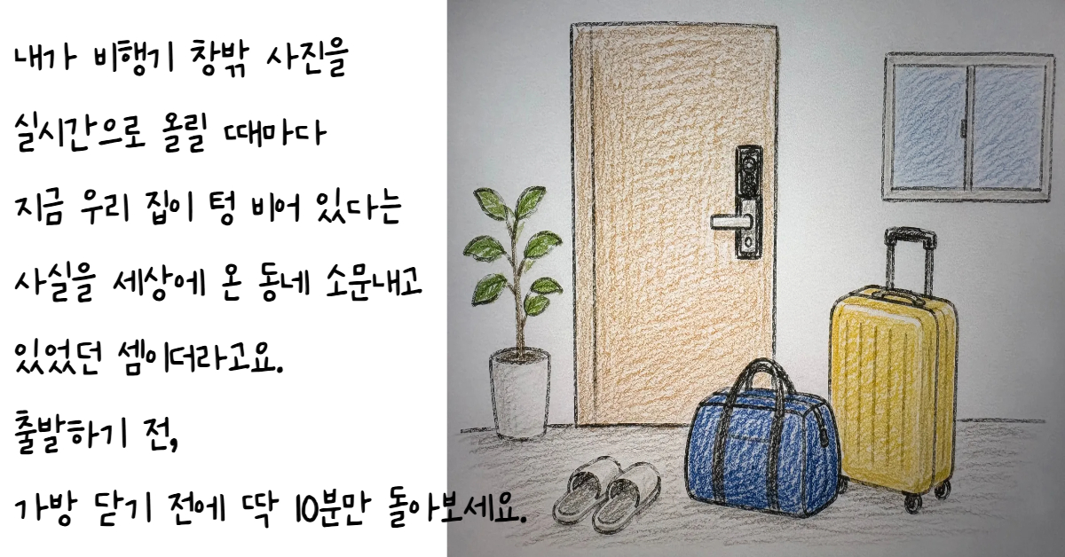현관문 앞에 가방과 여행용 캐리어가 놓여 있고 닫힌 창문을 통해 장기 부재 중 빈집 보안 취약점과 SNS 정보 노출의 위험성을 표현한 이미지