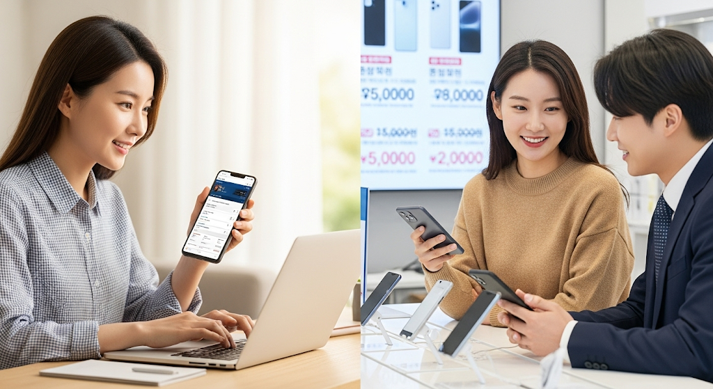 온라인과 오프라인 휴대폰 구매 환경을 비교하는 분할 화면