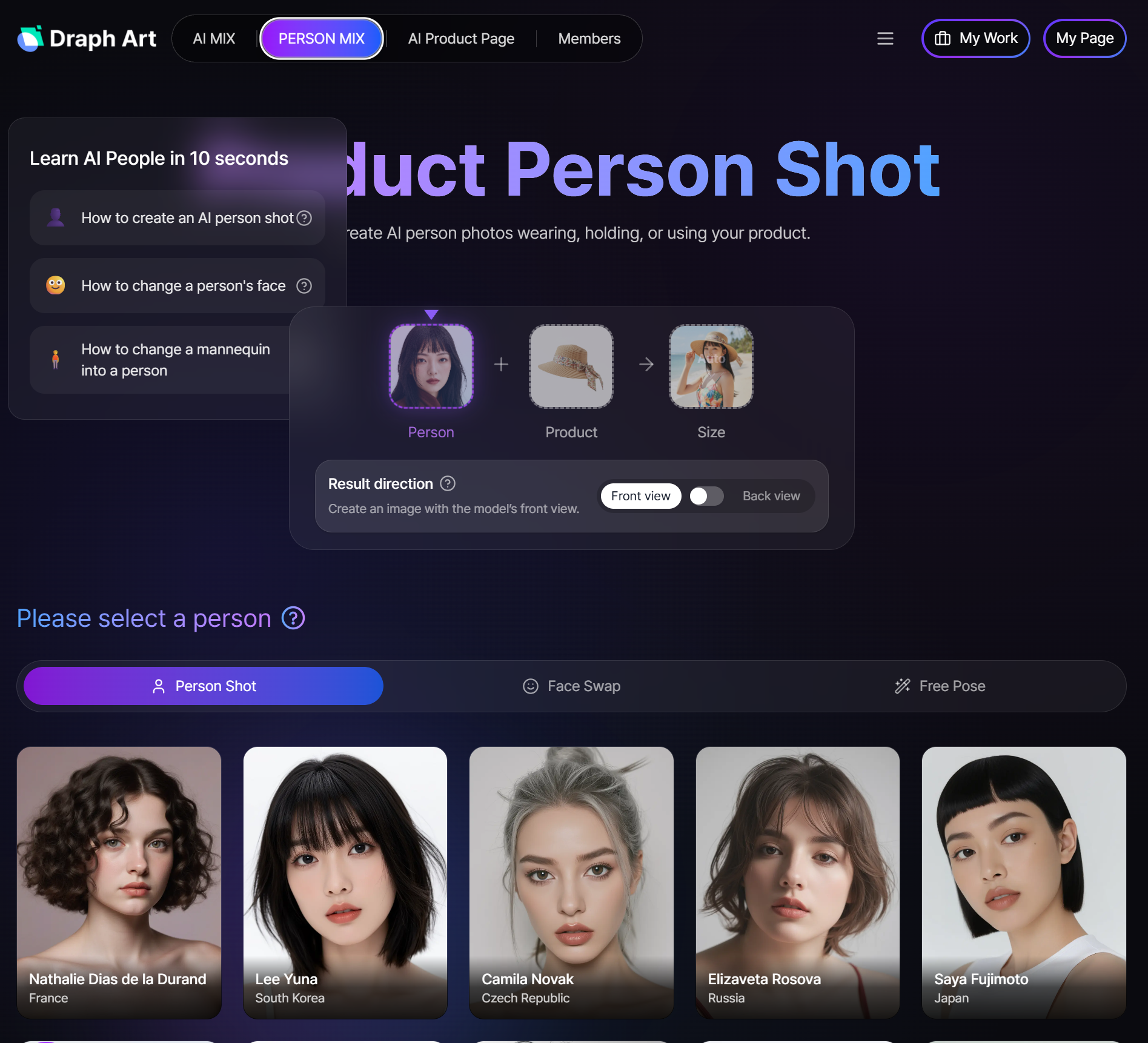Screenshot of the Draph Art AI Person feature