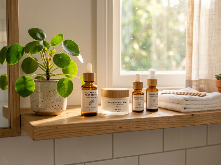 임산부 안심 화장품과 초록색 식물이 배치된 깔끔한 이미지