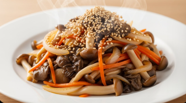 윤기가 흐르고 쫄깃해 보이는 느타리버섯 볶음이 예쁜 접시에 소복하게 담겨있다