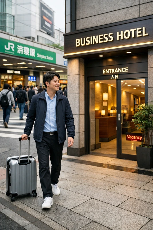 일본 번화가의 기차역 출구 바로 앞에서 30대 한국인 남성이 바퀴 달린 캐리어를 끌며 비즈니스 호텔 입구를 쉽게 찾는 모습