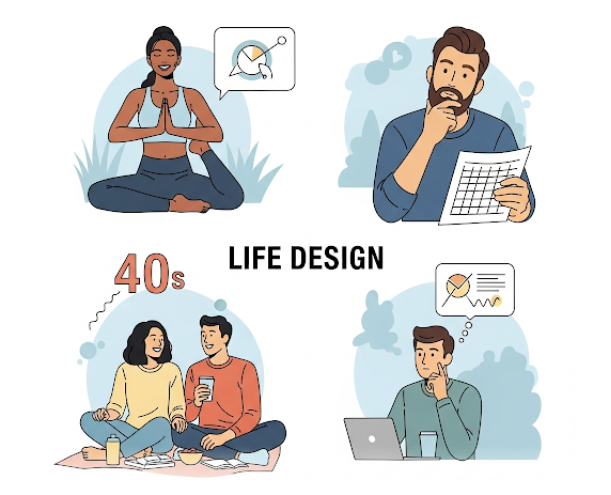 40대 life design을 웰빙, 웰니스, 재무관리로 나누어 시각적으로 형상화